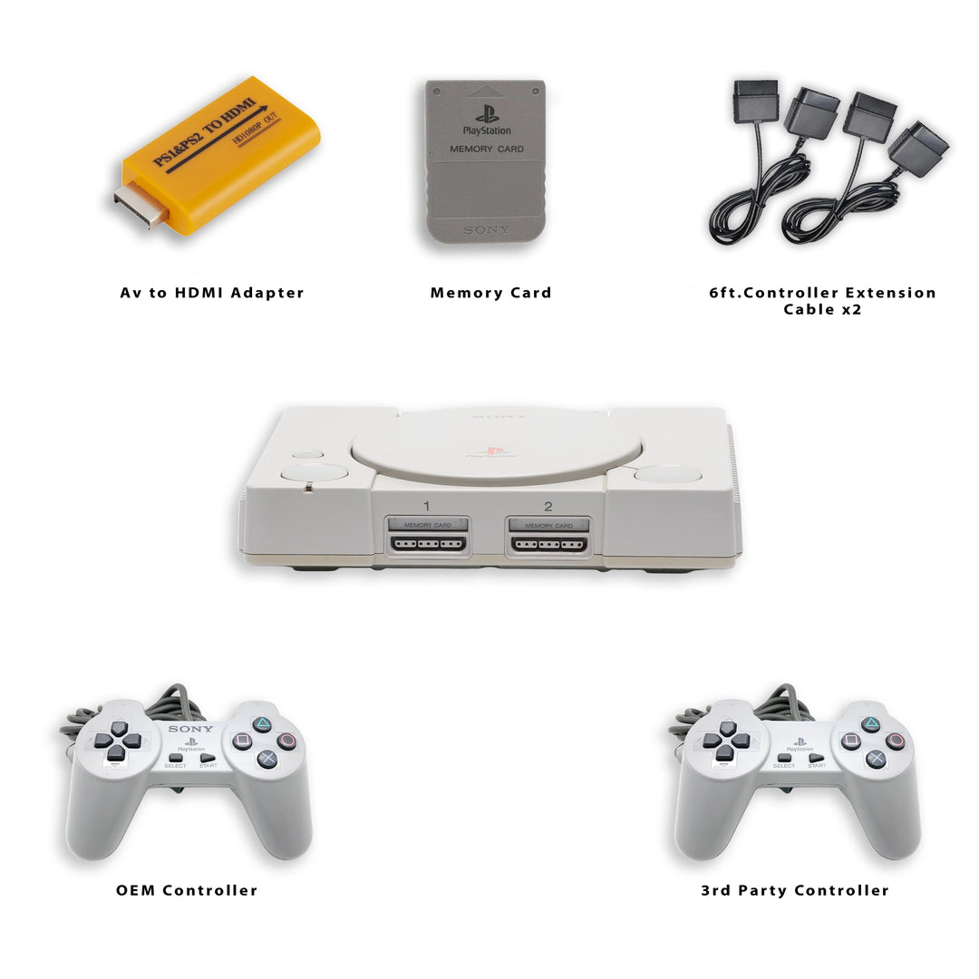 Playstation 1 PS1 Console Converter, Memory Card, Extension Cable and Controllers