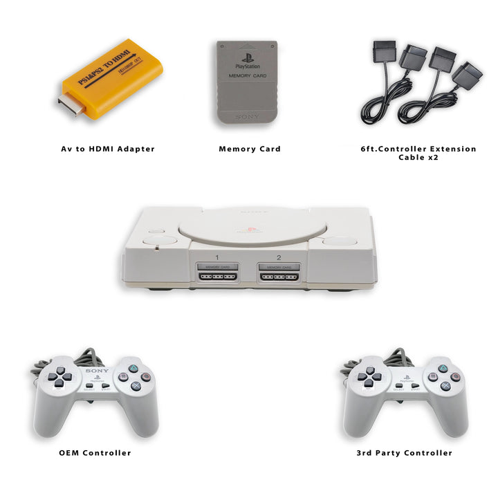 Playstation 1 PS1 Console Converter, Memory Card, Extension Cable and Controllers