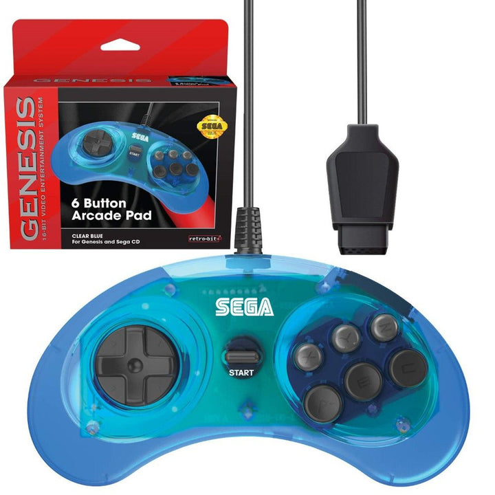 SEGA Genesis 6-button Arcade Original Port Pad Clear Blue