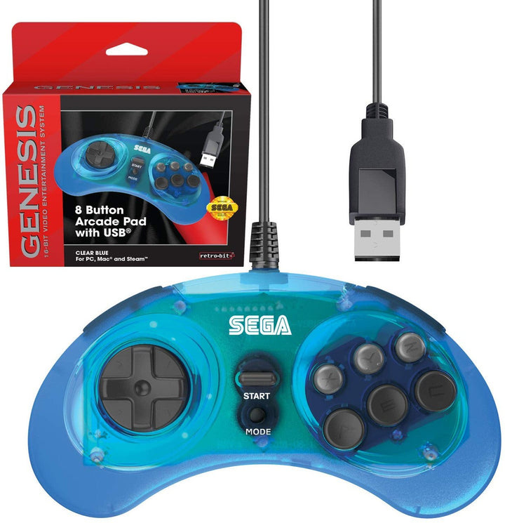 Manette arcade USB SEGA Genesis 8 boutons bleu clair (Retro Fam)