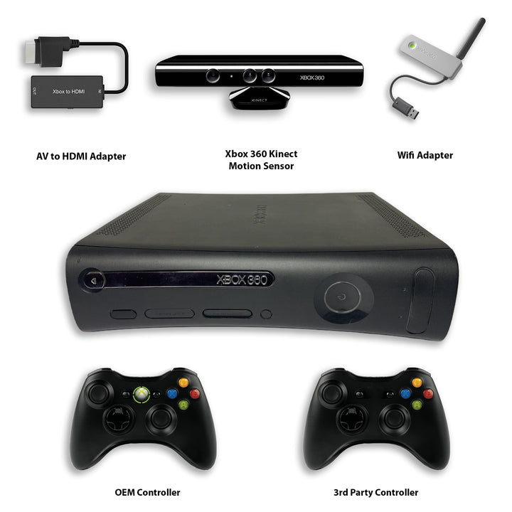 Microsoft Xbox 360 Elite Console Black with Controllers, HDMI Adapter, WIFi Adapter, Motion Sensor