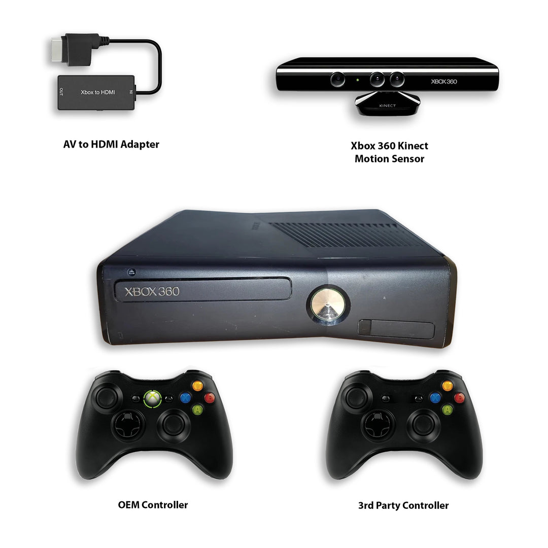 Xbox 360 Model S Console  Black with  Controllers, Adapter, Motion Sensor 