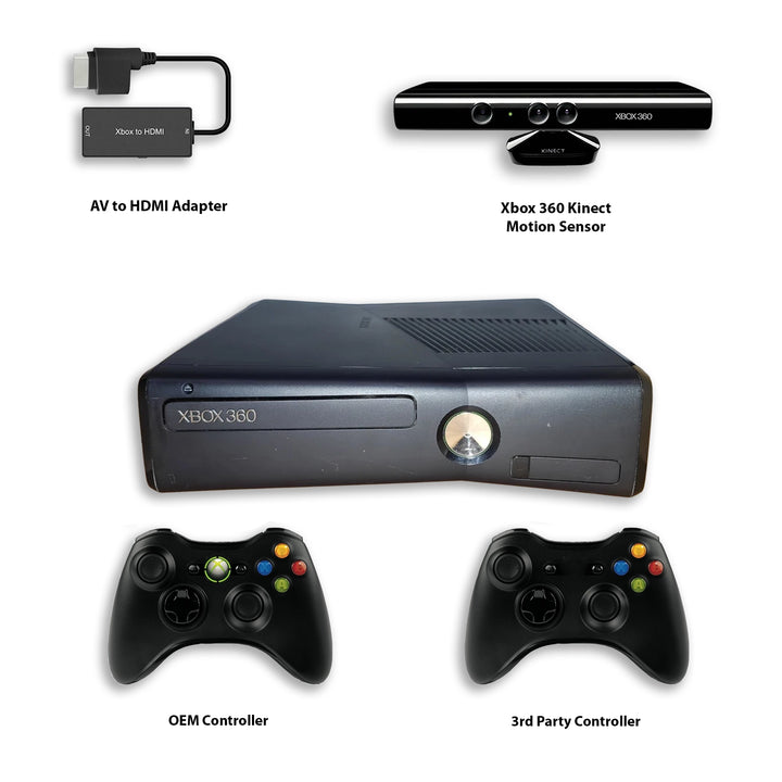 Xbox 360 Model S Console  Black with  Controllers, Adapter, Motion Sensor 