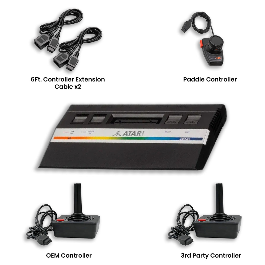 Atari 2600 Junior Console Silver Extension Cable, PAddle Controller, OEM Controller and 3rd Party Controller