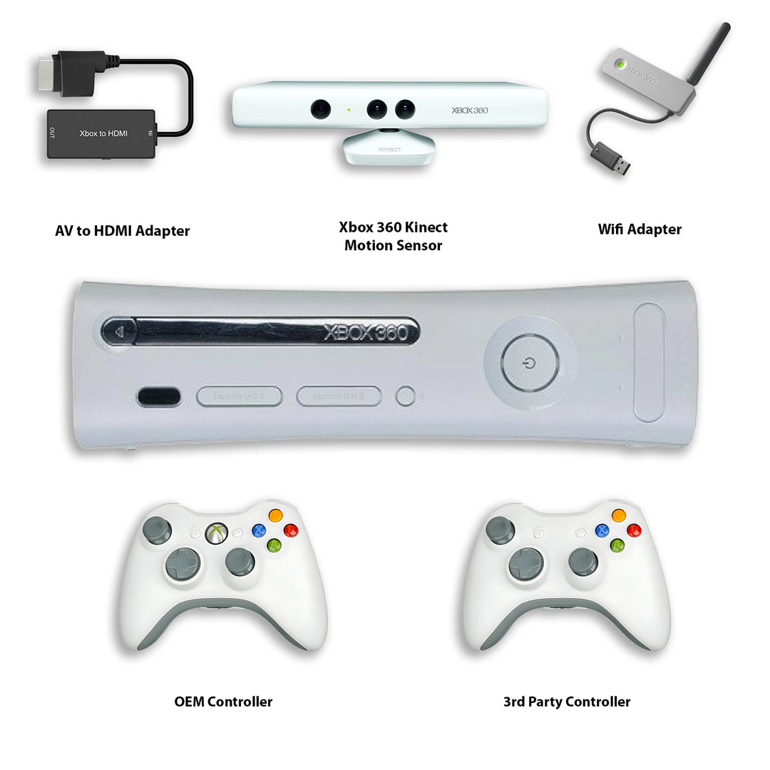 Microsoft Xbox 360 Elite Console White with Controllers, HDMI Adapter, WIFi Adapter, Motion Sensor