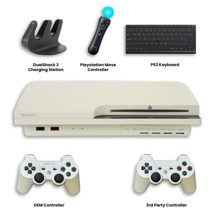 Sony PlayStation 3 Slim Console White Charging Staton, Move Controller, Keyboard and Controller