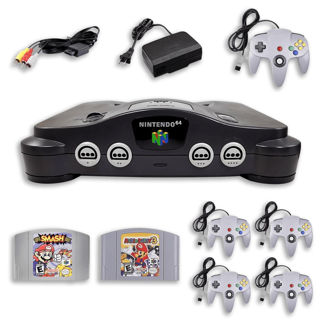 Paquete de fiesta de Nintendo 64 – Mario Party 3 y Super Smash Bros. – 4 mandos